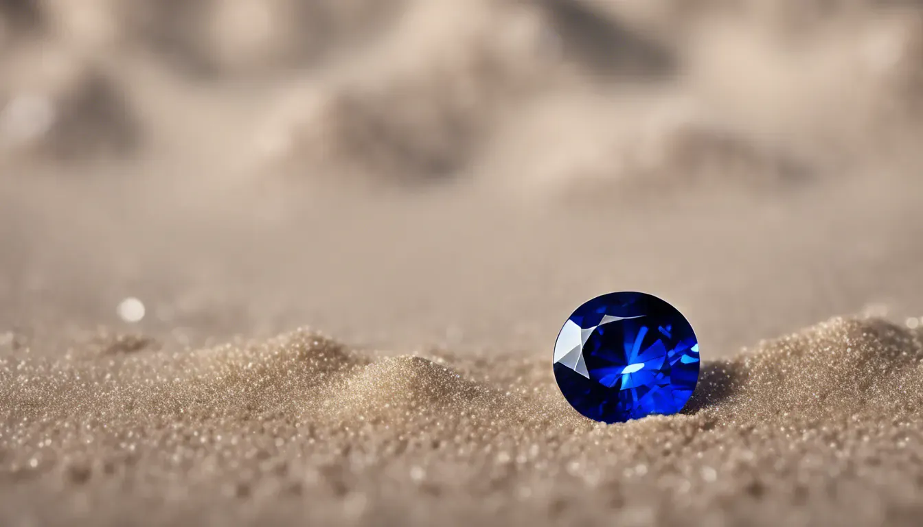 Ceylon blue sapphire resting on golden sand