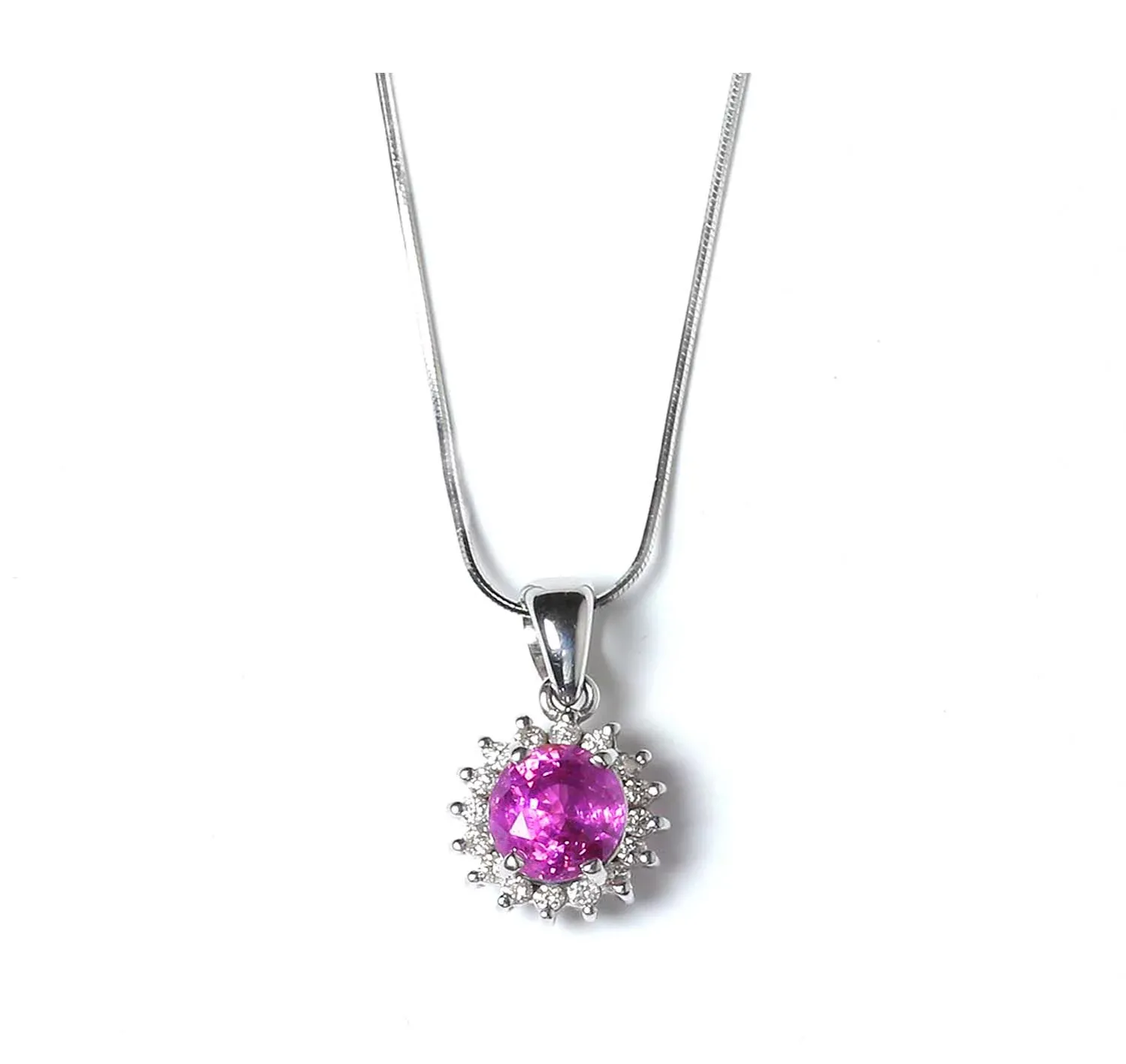 Pink sapphire pendant with diamond halo
